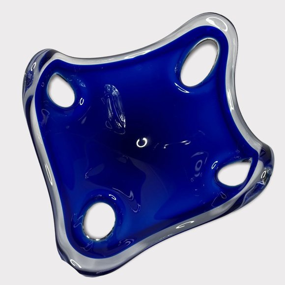 Glass Blue Modernist Bowl Conquille by Paul Kedelv Signed MCM Mid Century - Picture 7 of 10